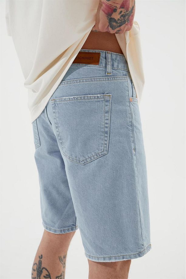 Erkek Loose Fith Denim Açık Mavi Bermuda Şort - 5