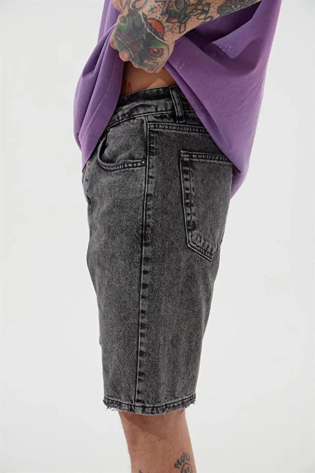 Erkek Loose Fith Denim Antrasit Bermuda Şort - 4