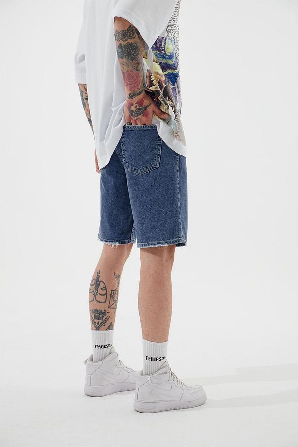 Erkek Loose Fith Denim Koyu Mavi Bermuda Şort - 3
