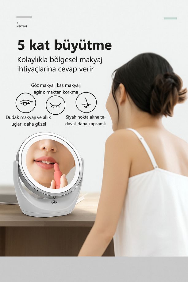 5 Kat Büyütmeli LED Işıklı Makyaj Aynası Dokunmatik & 360° Döner Başlık - 3