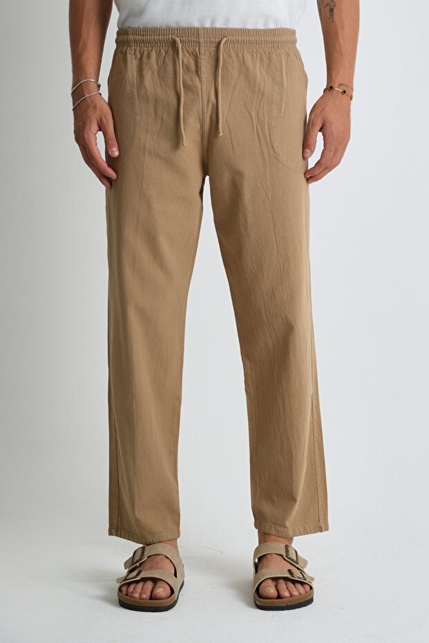 Men's Summer Comfortable Fit 100% Cotton Linen Look Trousers E205