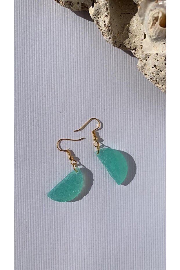 Serrated Crystal Pattern Water Green Color Gold Accessories Half Circle Moon Shape Epoxy Earrings Handmade