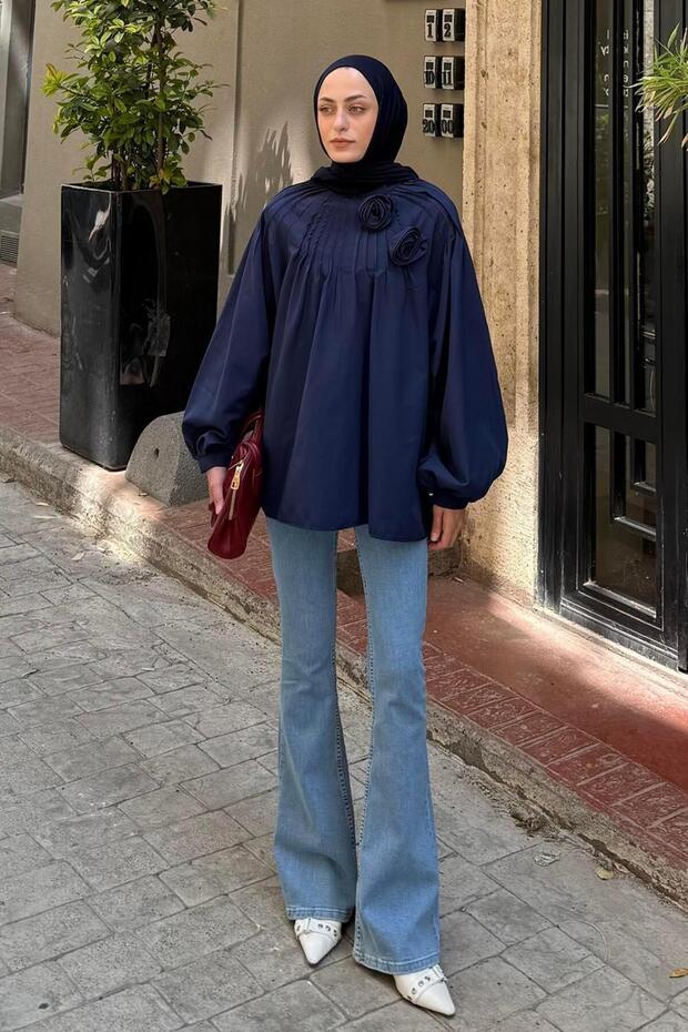 Floral Detailed Ribbed Blouse Navy Blue