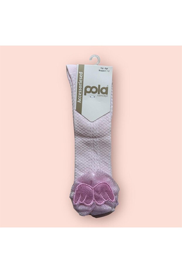 Children's Self Patterned Cotton Angel Wings Accessory Knee Socks Pink No.4