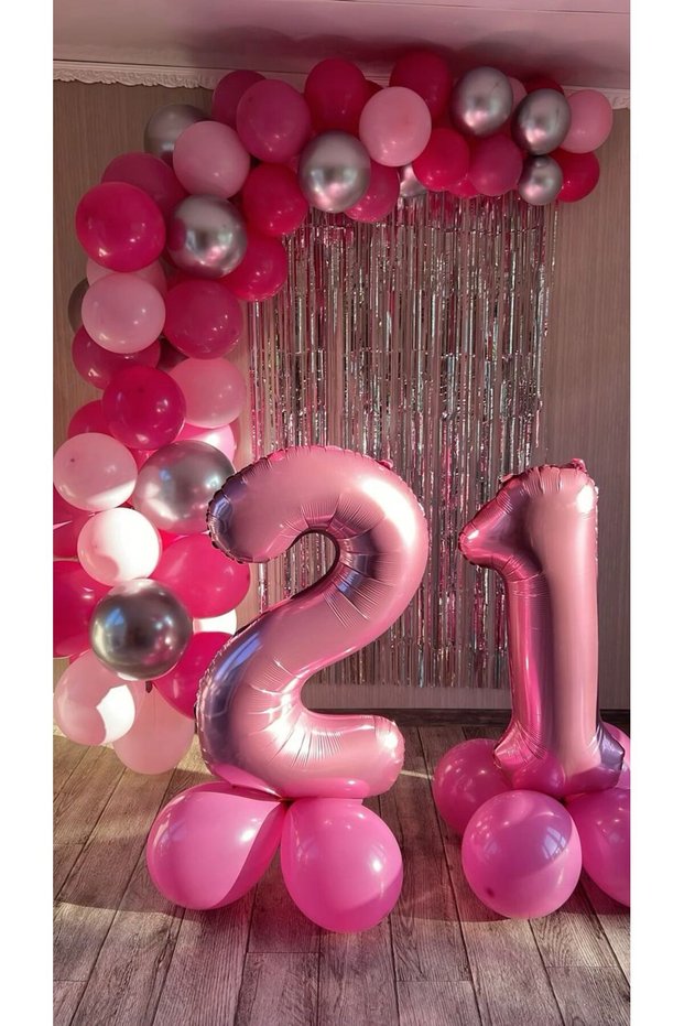 21 Years Birthday Balloon Set 21 Pink Number Balloon Fuchia Pink Balloon Background Curtain Tassel Birthday Set