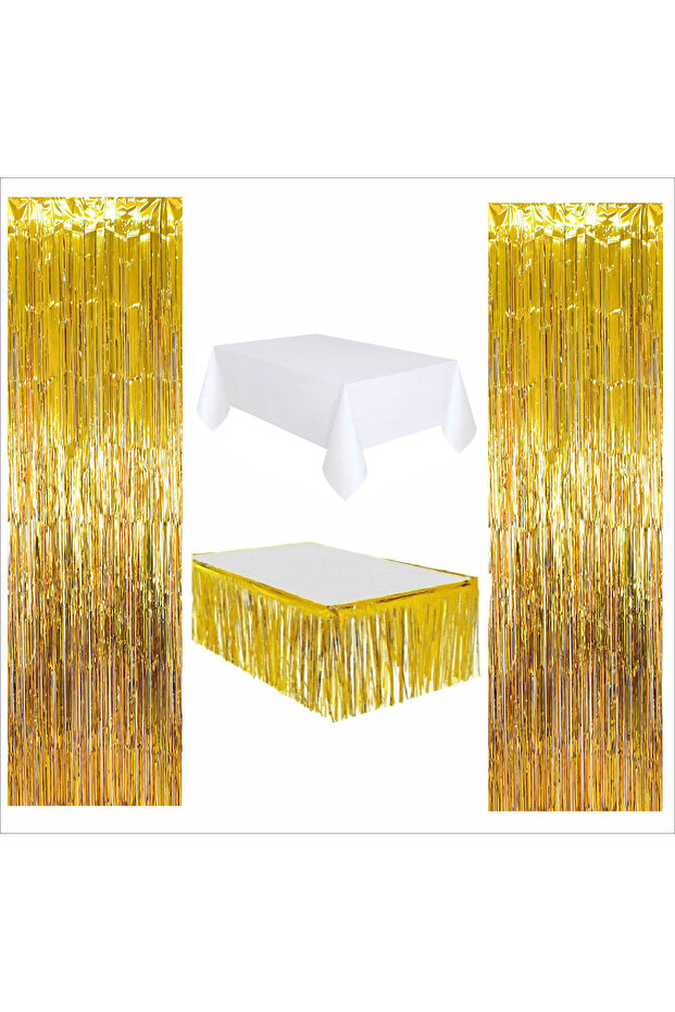 4 Pieces White Table Cloth, Gold Table Skirt, 2 Pieces Gold Back Fonts