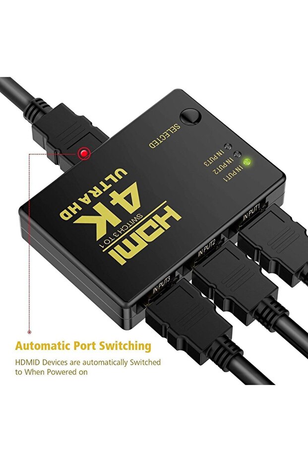4K HDMI hub with 3 inputs and 1 output, supports 1080p, remote control included - 5