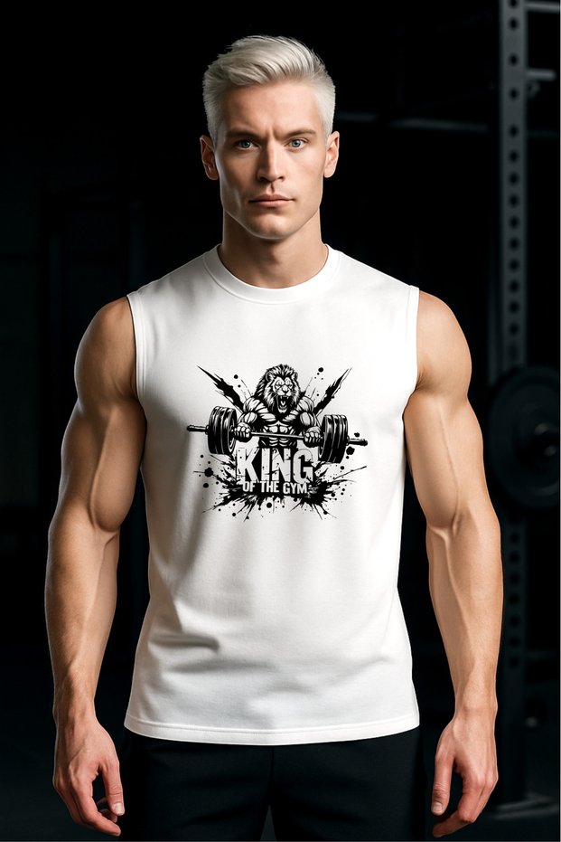 White Printed Sports Tank Top Crew Neck Cotton Sleeveless Tank Top King of Gym