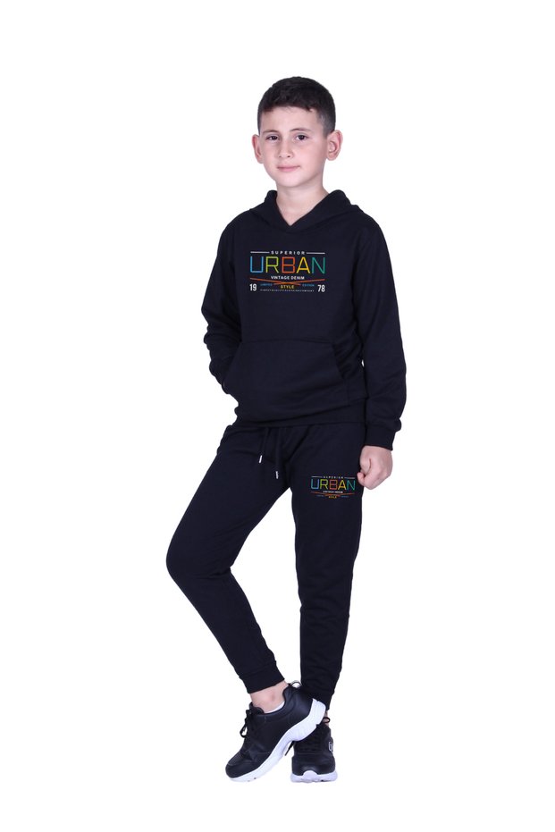 Boy's Track Suit with Hooded Kangaroo Pocket Urban Text Printed