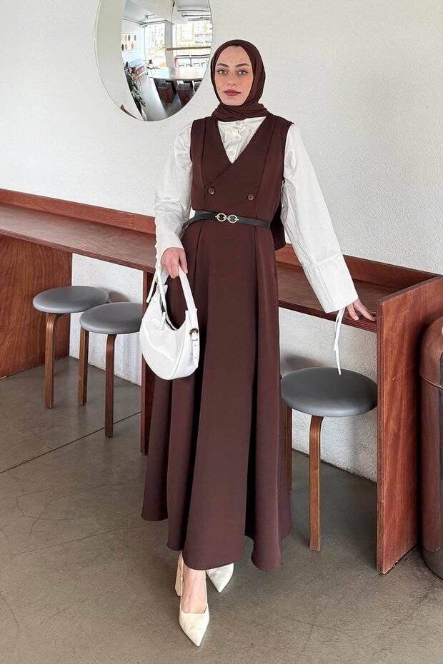 Button Detailed Sleeveless Hijab Dress Bitter Brown