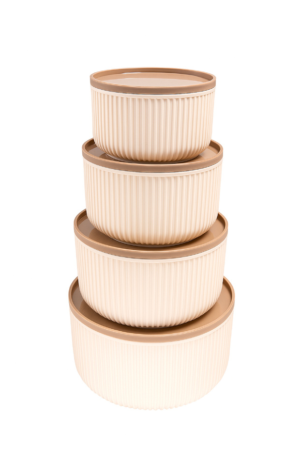 Set of 4 Round Storage Containers Striped Beige |   2.5L 1.5L 0.80L 0.45L |   Microwave and Freezer Compatible - 3