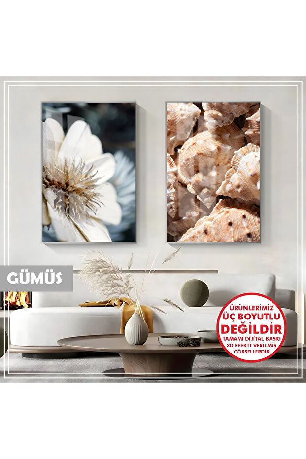 Amazing | Soft Flower-Sea Shell Combination (Brown) | Framed Glass Table 2 Pieces Vertical