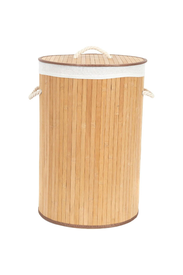 Foldable Round Bamboo Laundry Basket with Lid - 2
