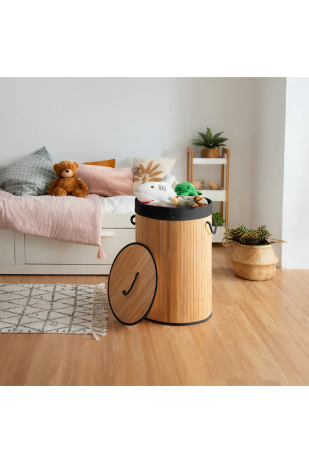 سلة غسيل دائرية قابلة للطي من الخيزران مع غطاء - 2