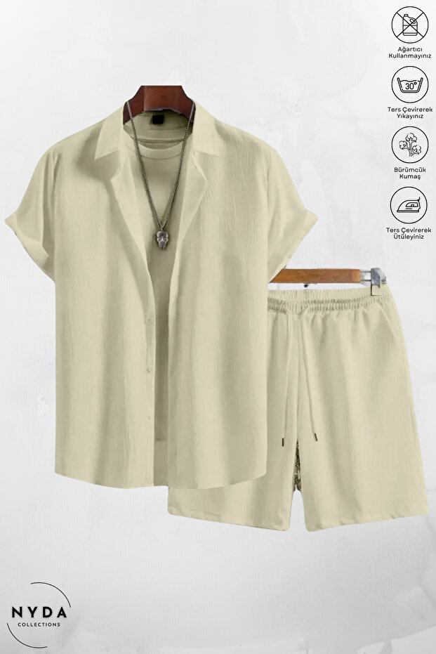 Men's Crinkle Fabric Wrinkle Suit Summer Buttoned Short Sleeve Shirt and Lace up Shorts Suit with Pockets