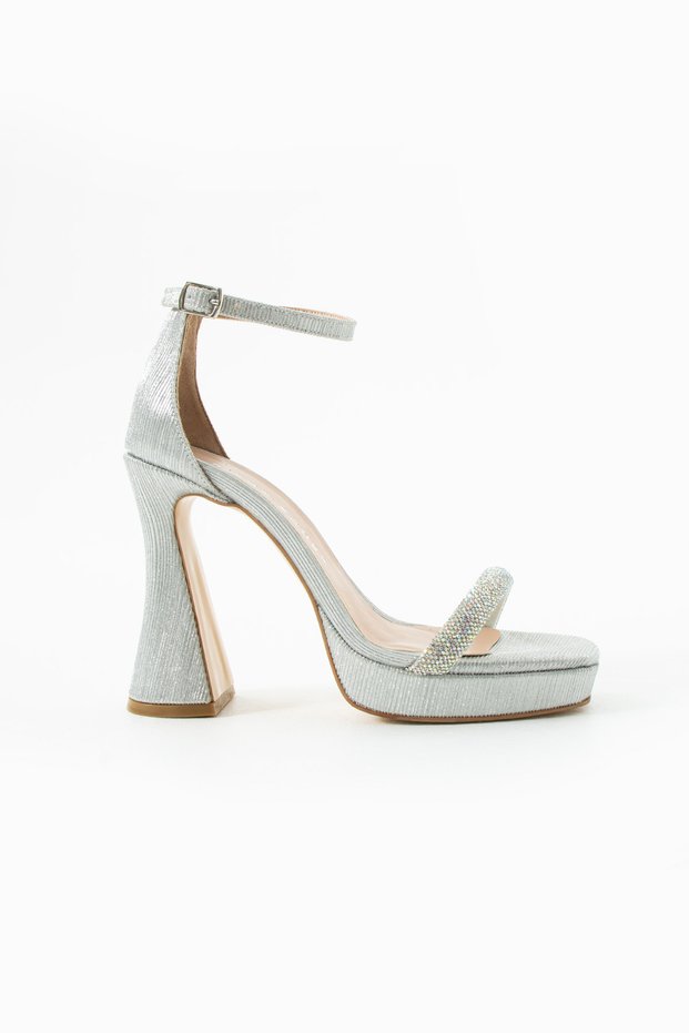 Dove Women's Stone Evening Dress Thick Heeled Shoes Silver Glitter
