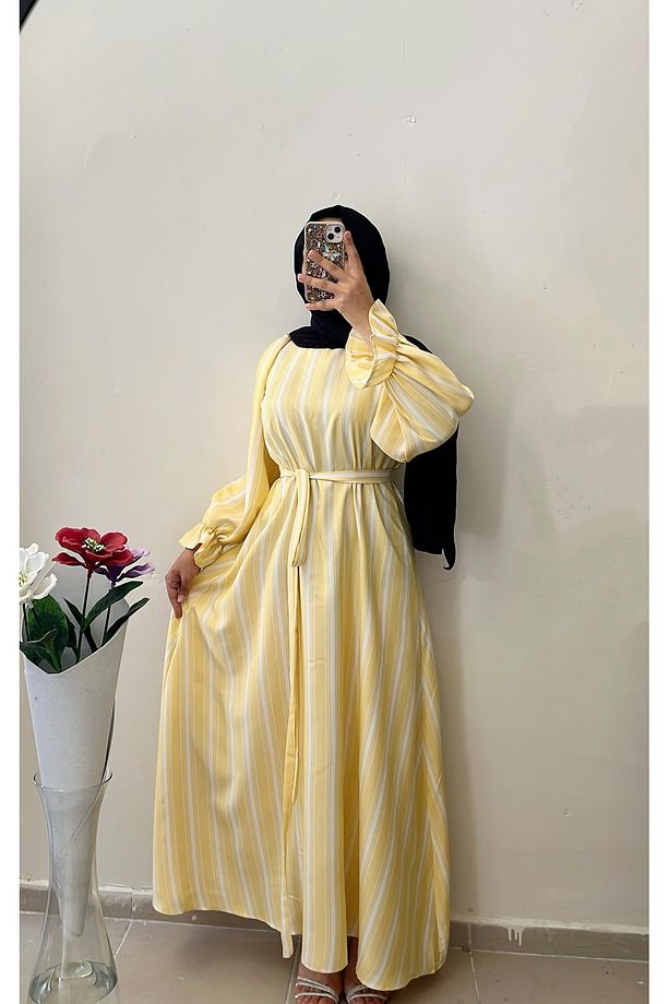 Yazlık Sarı geniş kesim beli kuşakli kloş elbise - 2