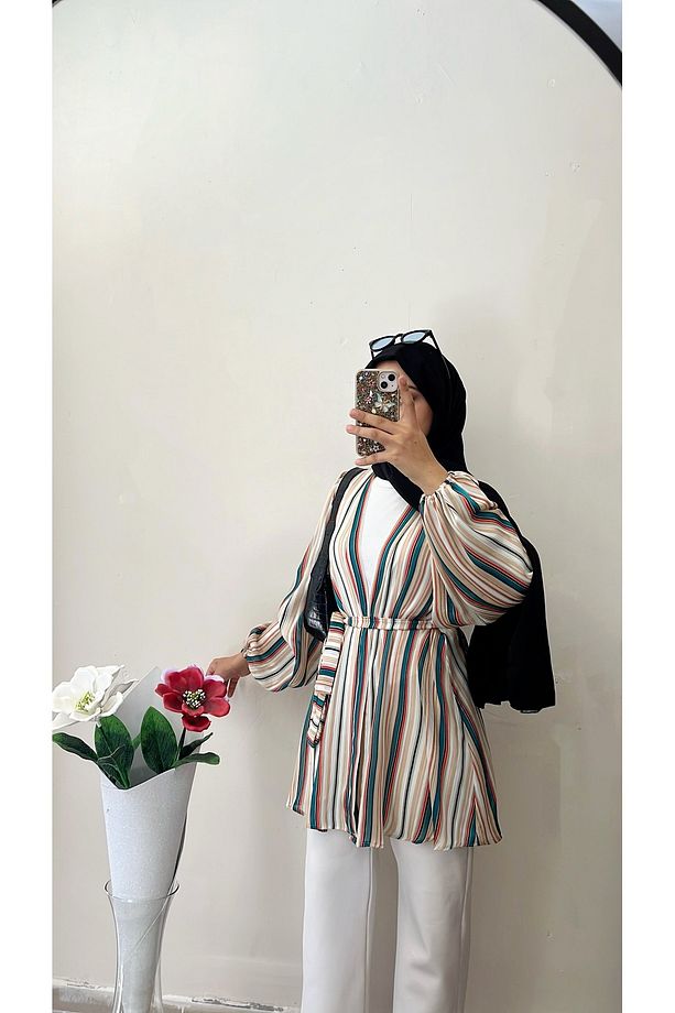 Şifon yazlik çizgili kimono - 2