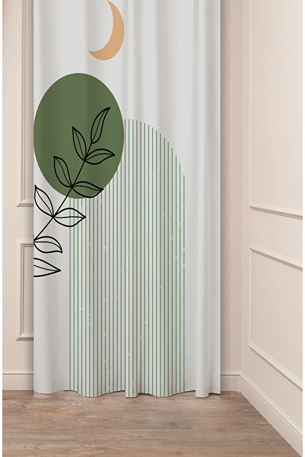 Leaf Graphic Bohemian Minimalist Beige Cream Patterned Special Design Digital Printed (Single Wing) Background Curtain