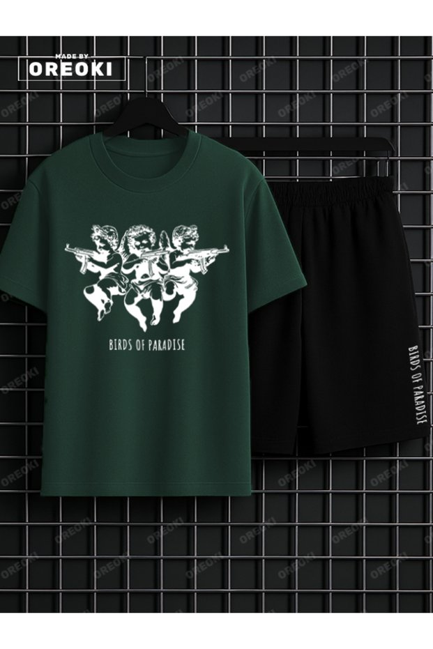 Children of Heaven Printed Cotton Unisex Green Forest T-Shirt-Black Shorts Set