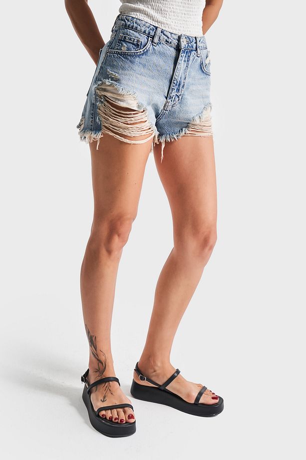 Kadın T.Kot Rengi 12s5-32 Mini Boy Yüksek Bel Curved Yırtık Detaylı Püsküllü %100 Koton Denim Şort - 1