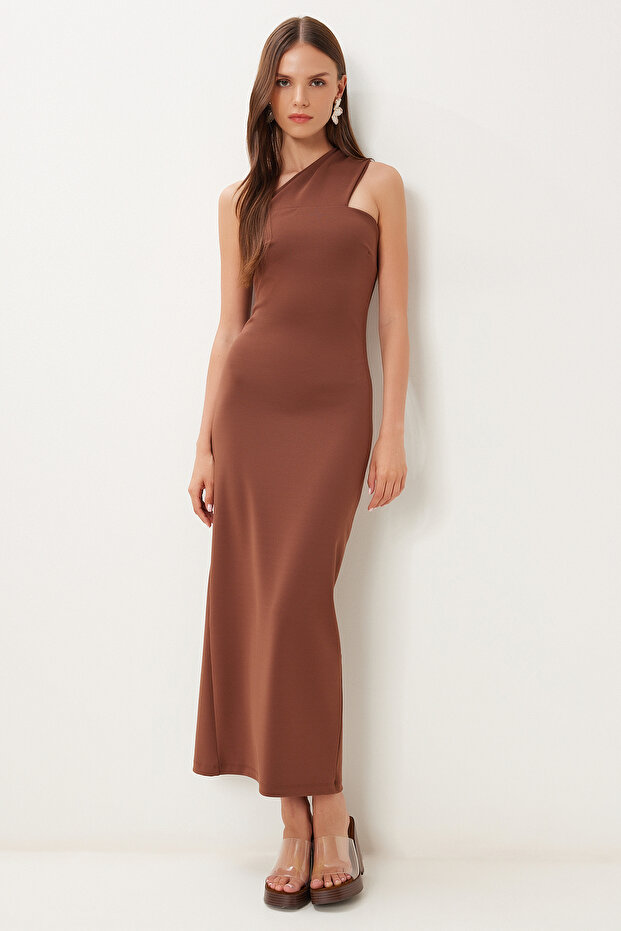 One Shoulder Saran Stretchy Woven Dress Brown Lfk0014