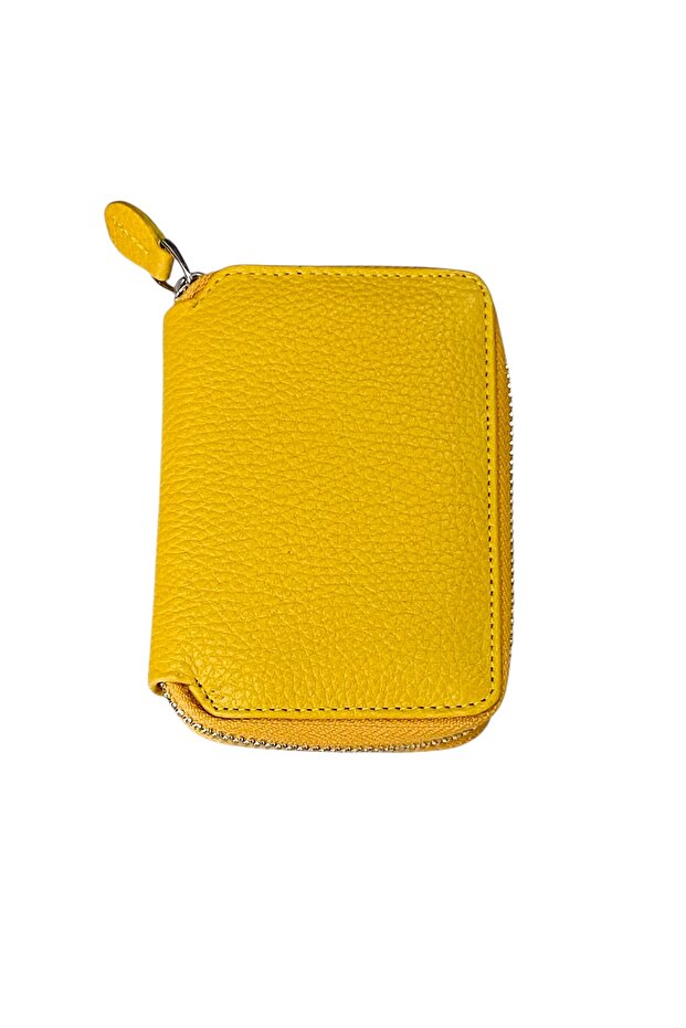Men's Genuine Leather Slim Zipper Card Holder Hand Portfolio Wallet Yellow