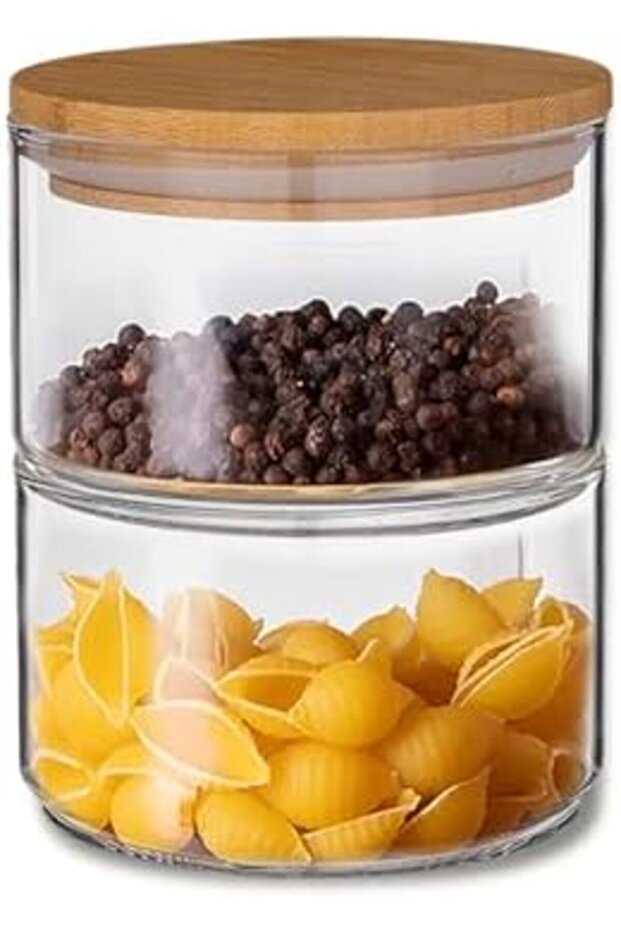2 Layer Storage Glass Jar with Airtight Bamboo Lid - 400ml (200ml Each) - 1