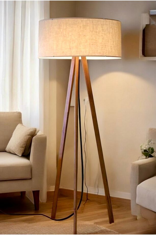 Modern Lambader Ahşap Tripod Ayaklı Lambader Kumaş Abajurlu Şık Görsellik Katar - 3