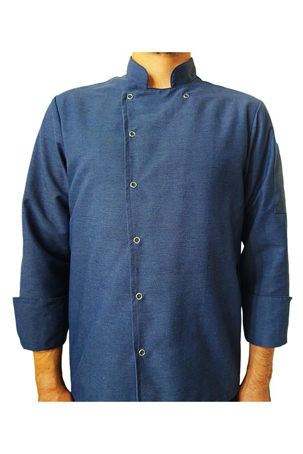 Cook Jacket Denim Color Unisex Snap Fastener Long Sleeve Chef Cook Kitchen Jacket