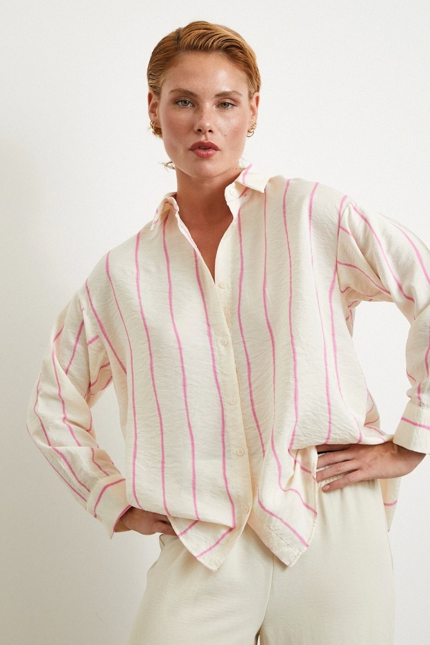 Çizgili Modal Gömlek Pembe - 1