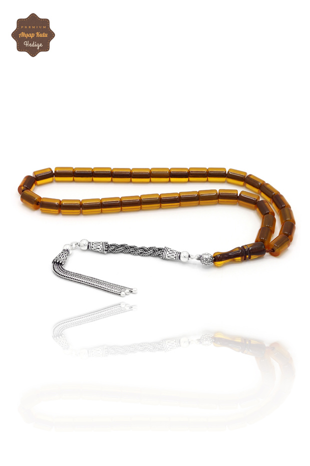 Honey Color Moire Capsule Cut Silver Tassel Stick Prayer Beads 201024359