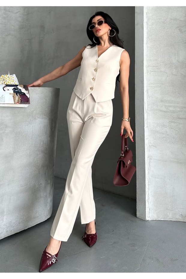 Women's Flower Button Detailed Classic Vest Trousers Suit Stone