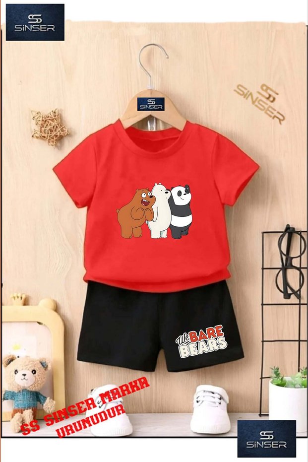 Children's Unisex “Pandas 3Lu Sasiran“ Special Printed Crew Neck T-Shirt - Shorts Set