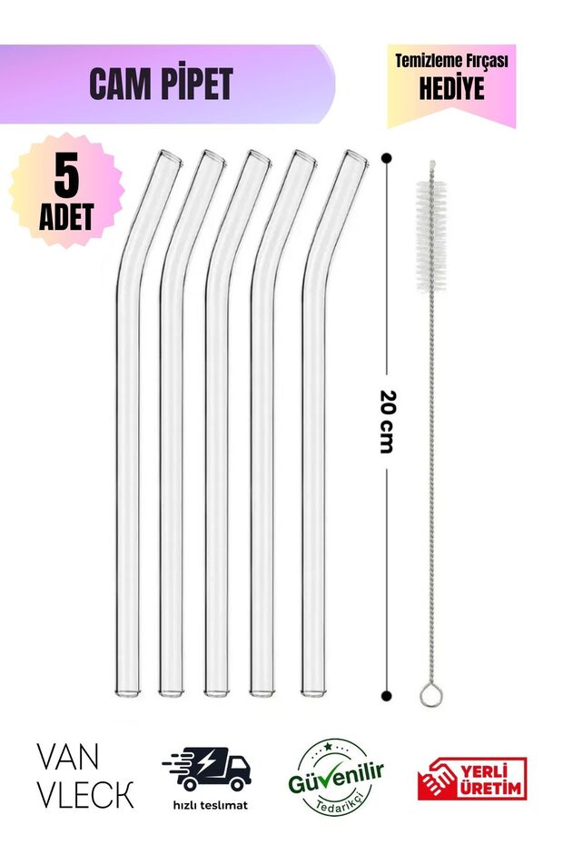 5-Piece Glass Pipette - 1St Quality, Durable and Healthy Straw, Washable (with Cleaning Brush Gift)