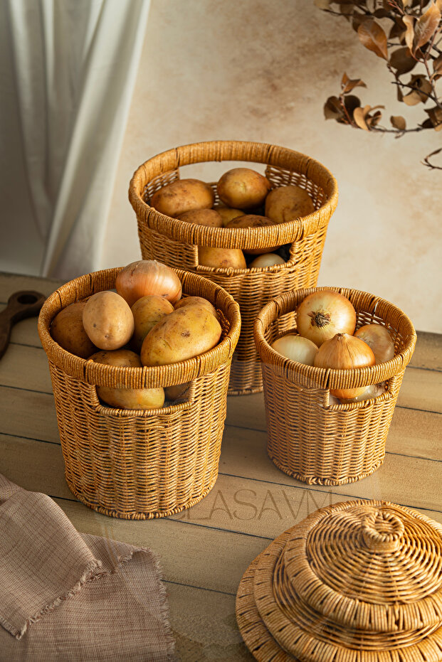 Set of 3 Potato Onion Baskets with Lid – Rattan Look Kitchen Organizer 3 Sizes Presentation Crisper - 2