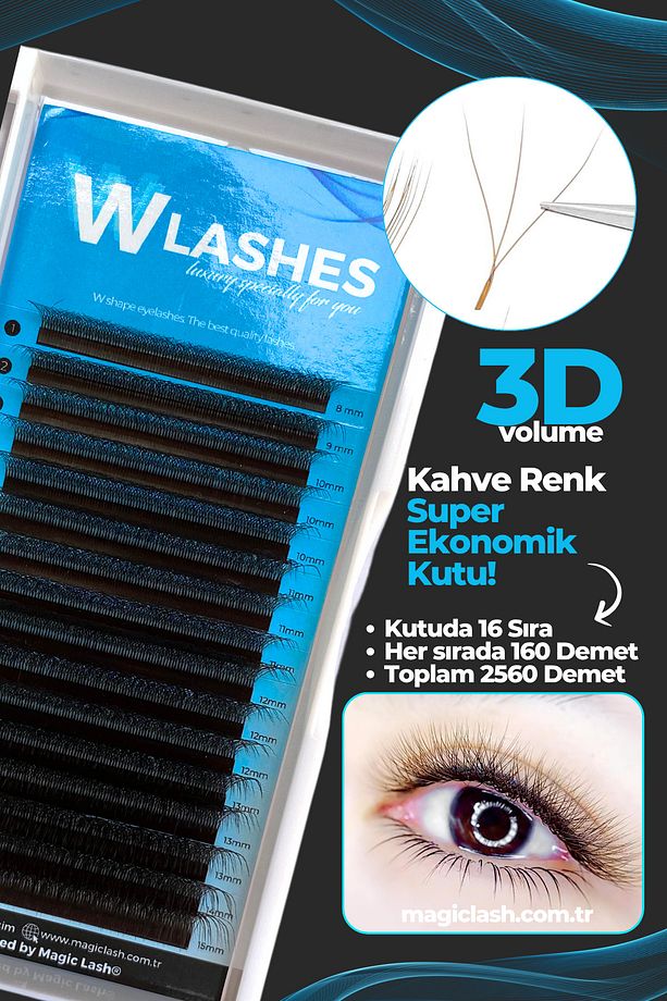 Kahve Renk 3D Volume W Lash 8-15mm Mix İpek Kirpik Kutuda 2560 Adet Demet - 1