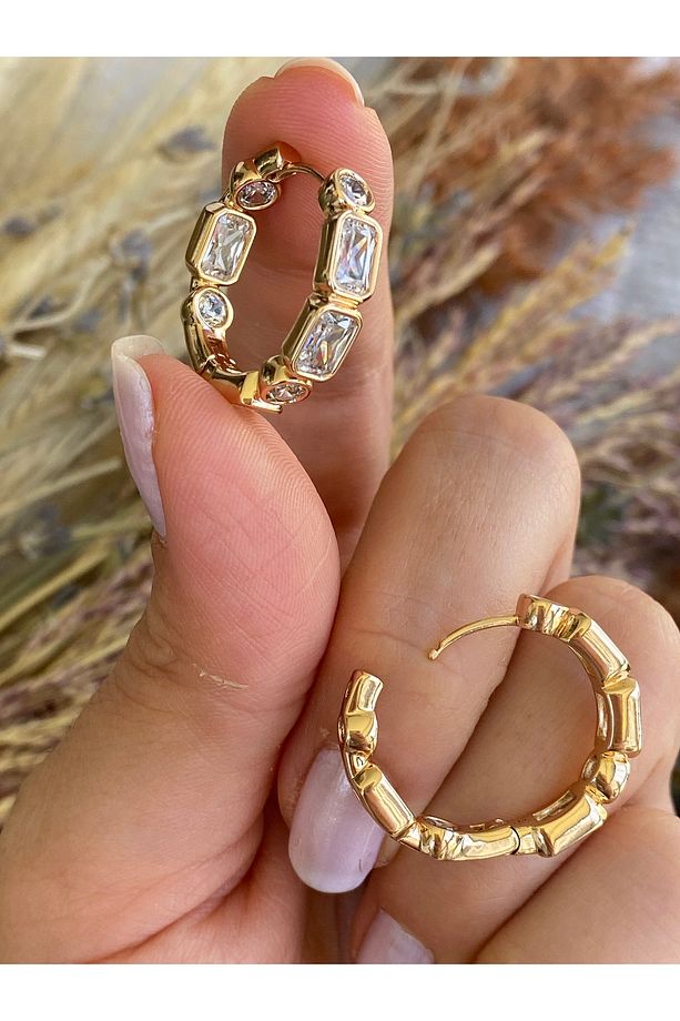 ALTIN İŞÇİLİKLİ ROSEGOLD TAŞLI HALKA KÜPE - 3