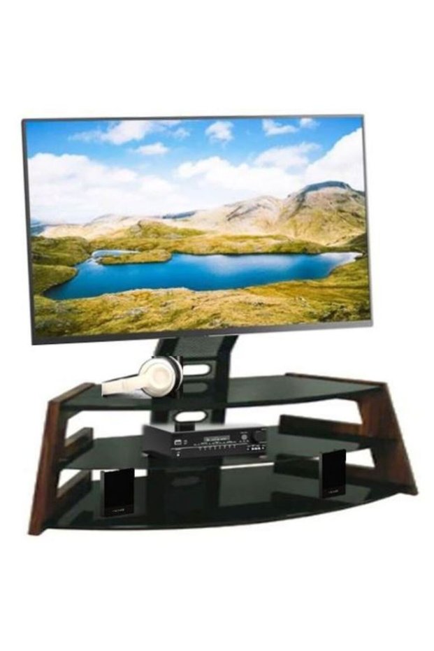 Roxi 3-style Tempered Glass Steel Tv Mount Stand Tv Rack Tv Unit Table With Wooden Frame, Oak Brown
