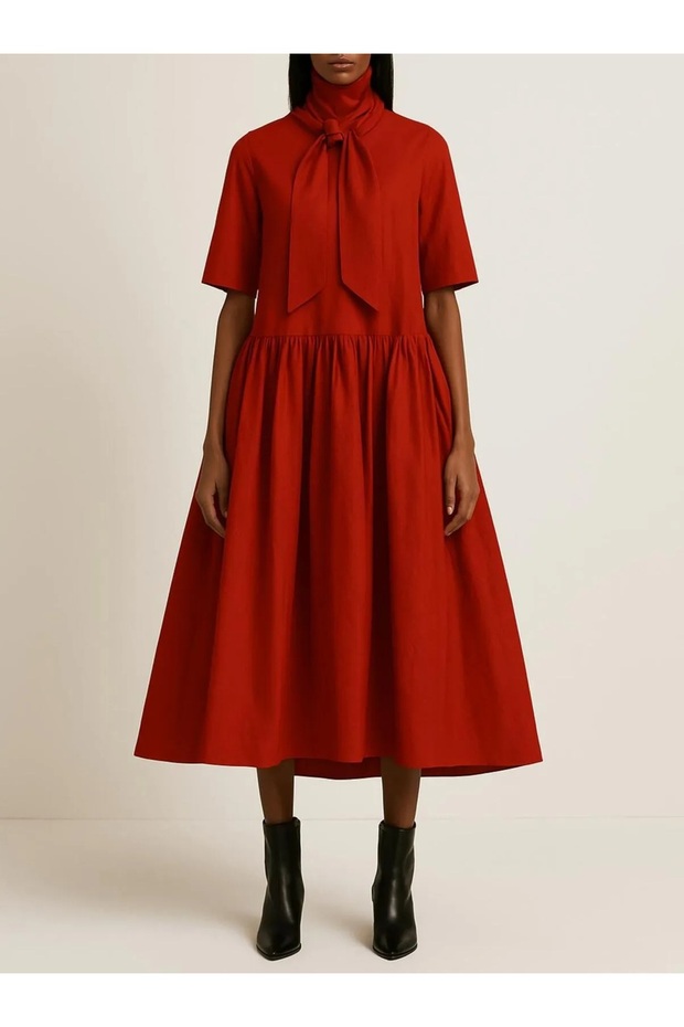 Büzgülü & Yakası Kuşakla Bağlama Detaylı A-Form Tafta Midi Elbise - 1