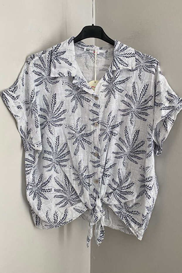 Women's Italian White Leaf Pattern Scalloped Tie-Up Blouse