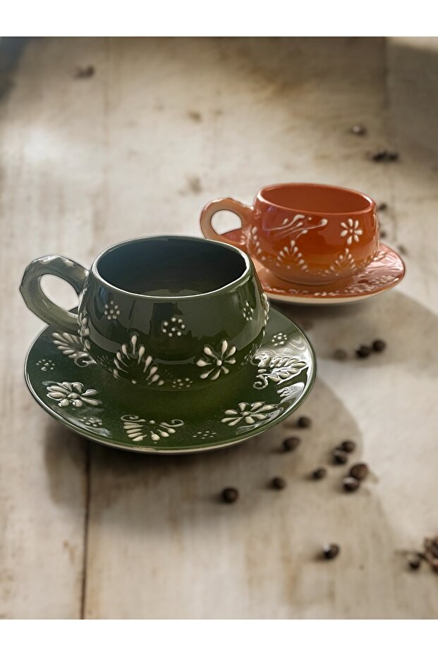Decorative Stylish Design Fully Handmade Green and Brown 2-Person Coffee Cup