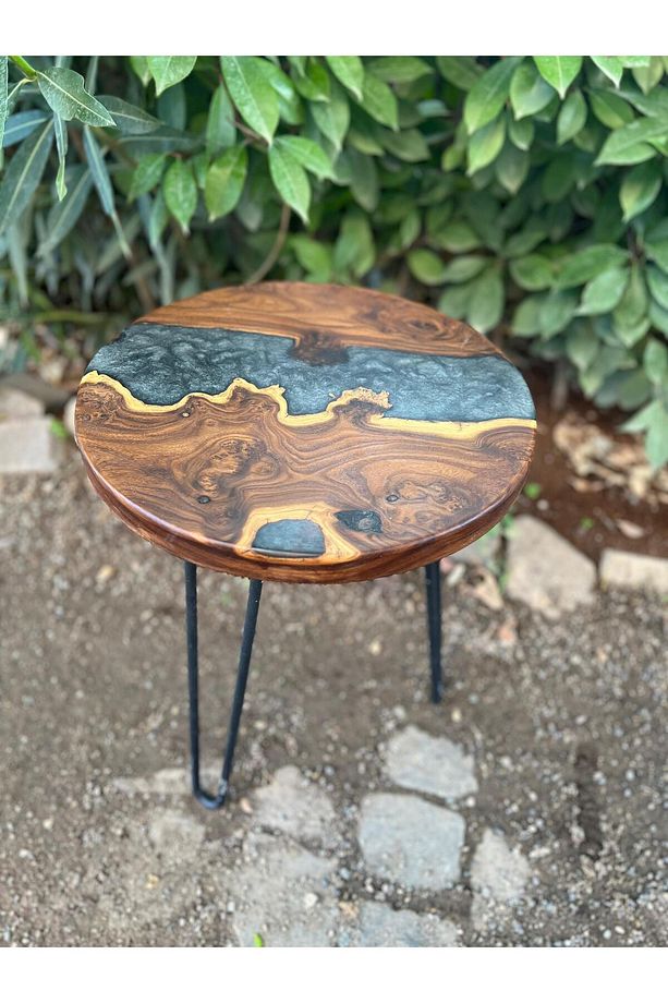 İğde Ağacından El Yapımı Ahşap Epoksi Tekli Yuvarlak Sehpa - Siyah/yeşil Desen - 39*47 Cm - 2