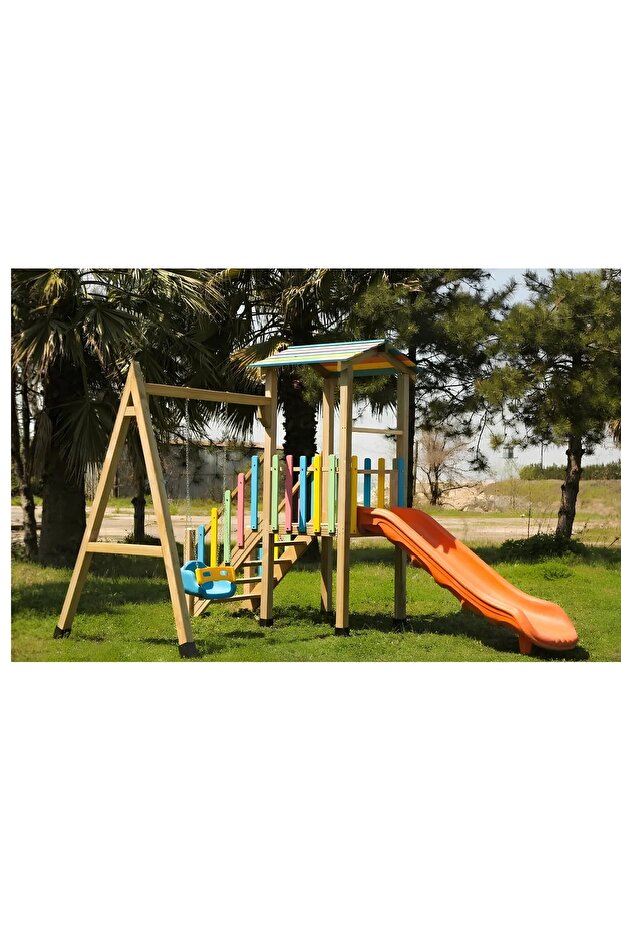 Tek Salıncaklı Tek Kaydıraklı Kuleli Oyun Parkı Seti - 1