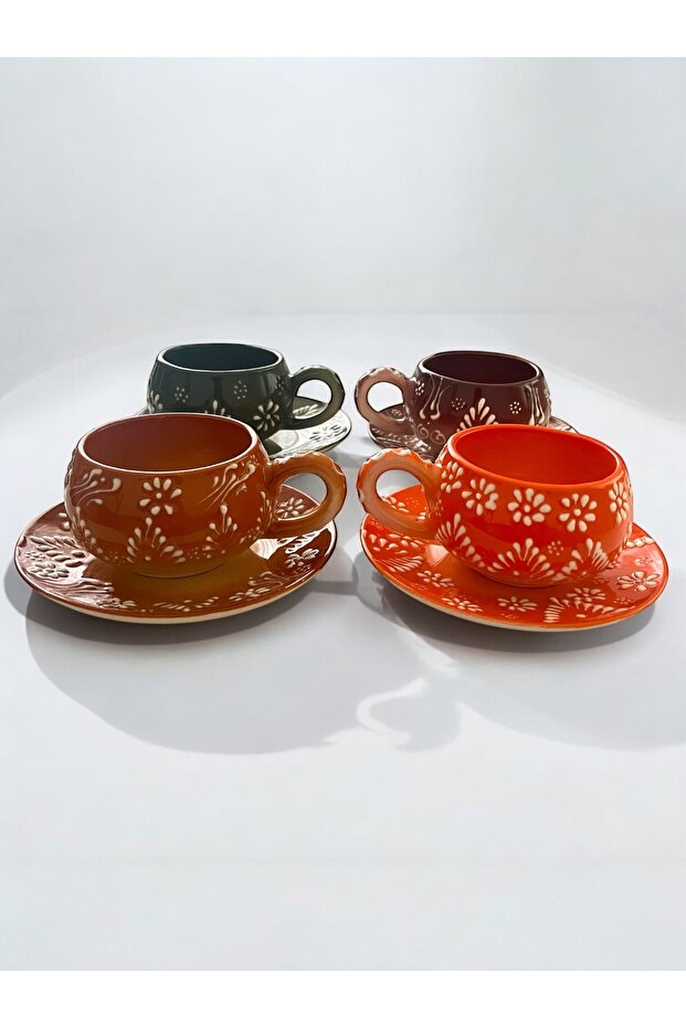 Decorative Stylish Design Fully Handmade Green, Orange, Blue and Brown 3-Person Coffee Cup