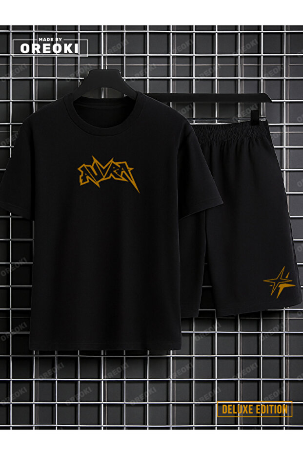 Aura Printed Deluxe Edition Cotton Unisex Black T-Shirt-Black Shorts Set
