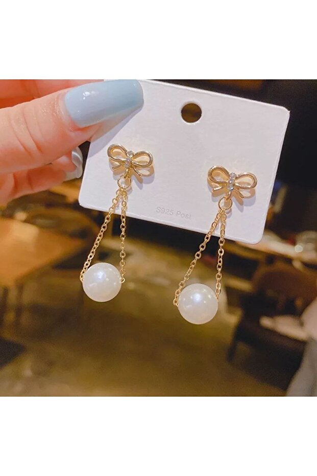 Gold Color Bow Detailed Pearl Dangle Earrings