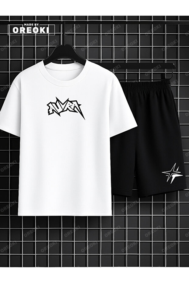 Aura Printed Cotton Unisex White T-Shirt-Black Shorts Set