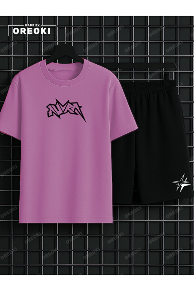 Aura Printed Cotton Unisex Pink T-Shirt-Black Shorts Set