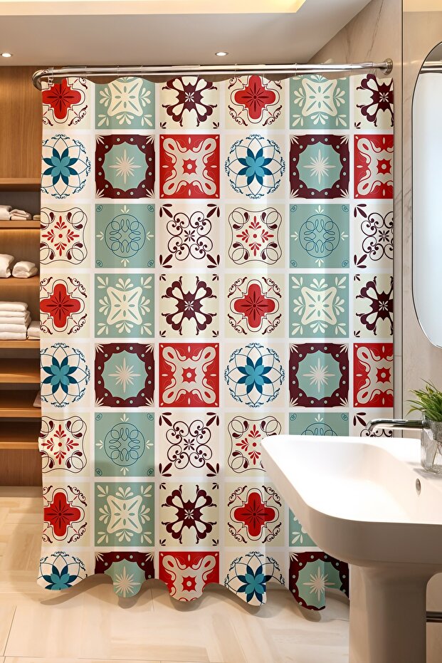 Bathroom Curtain, Red Shades Tile Pattern Shower Curtain, Bathtub Curtain 175X200Cm